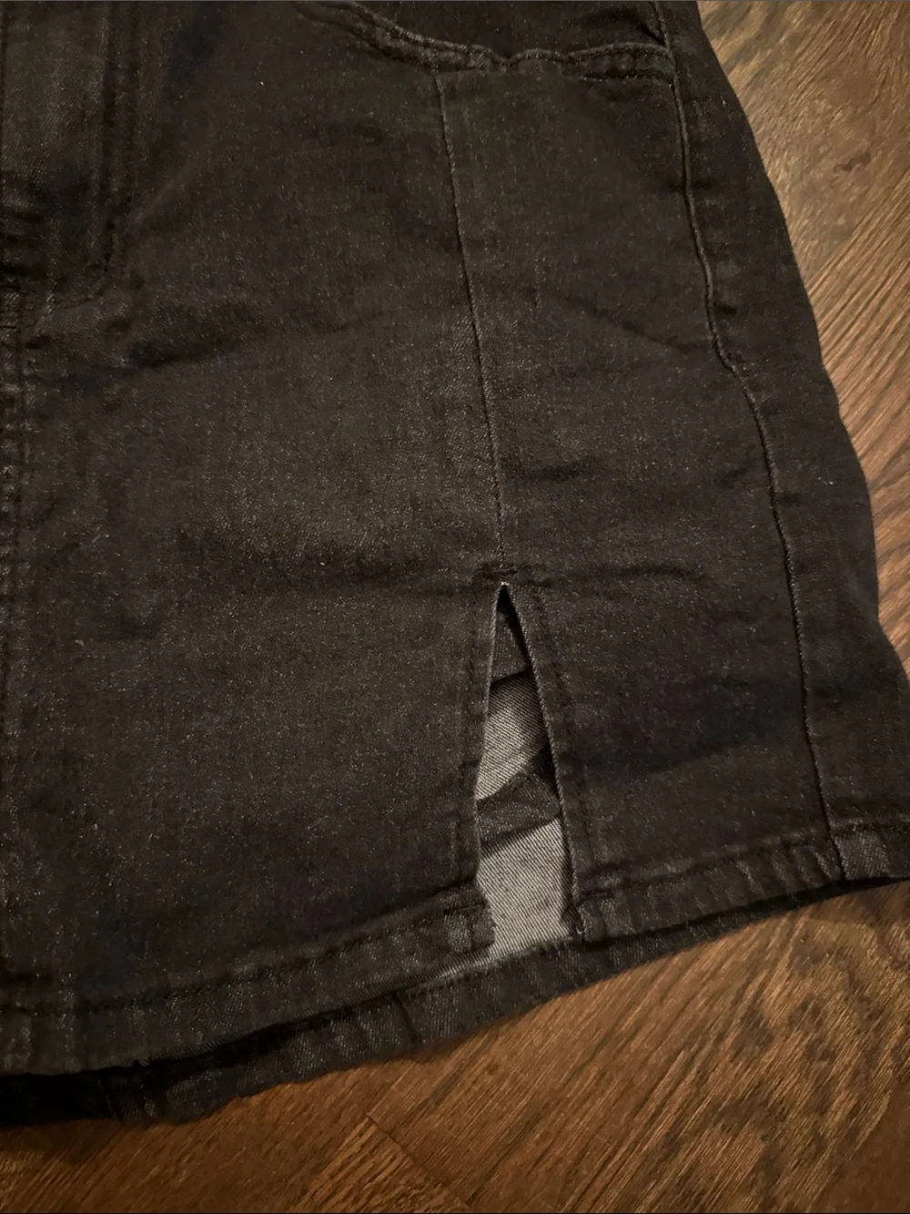 Black Denim Mini Skirt with Front Slit Detail